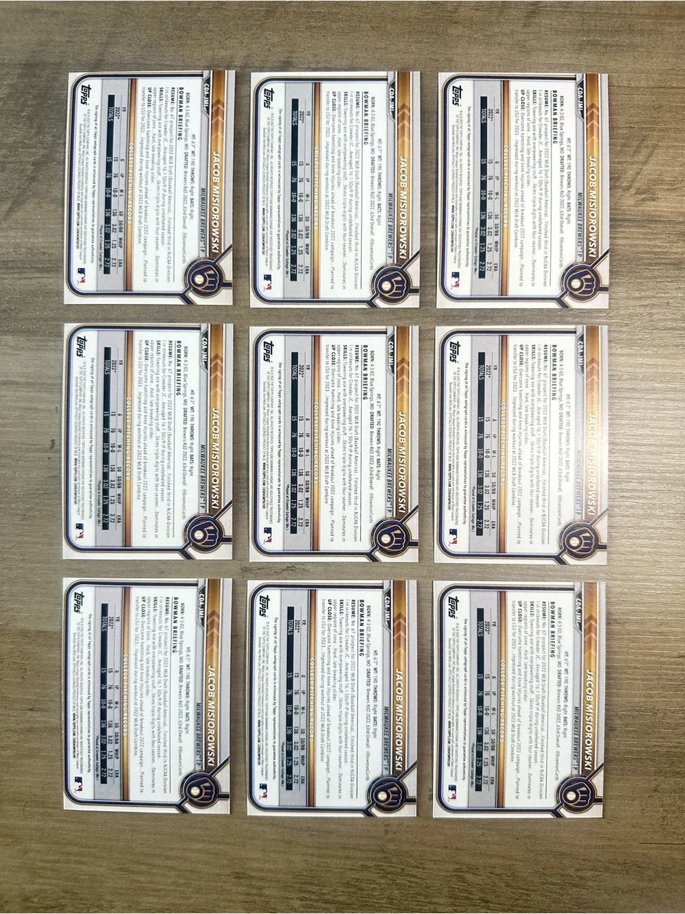 Jacob Misiorowski Lot of (9) Signed 2022 Bowmans Chrome 1st 24/50 Novelty Cards.
